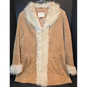 Women's Maurices Genuine Suede Leather Coat Tan w/ Cream Faux Fur Size XL EUC